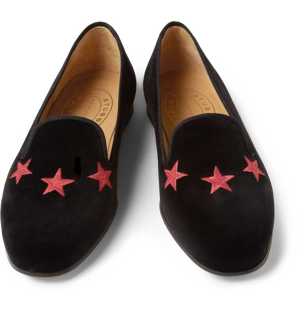 Stubbs & Wootton Commodore Embroidered Velvet Slippers in Black for Men ...