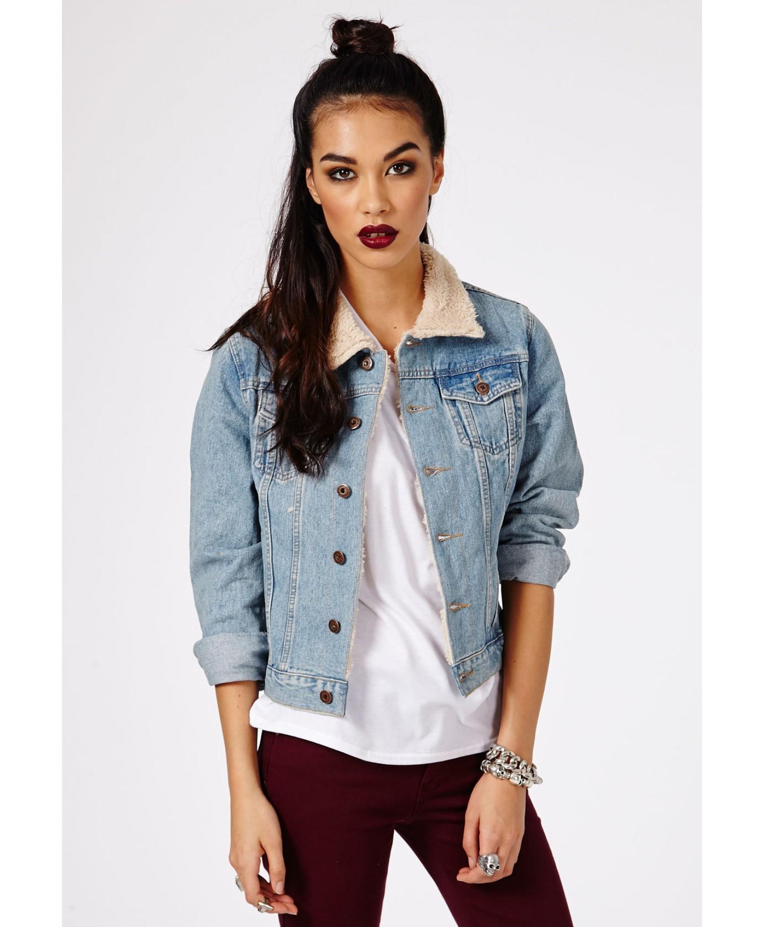 Lyst Missguided Sakia Acid Wash Denim Jacket With Shearling Collar in