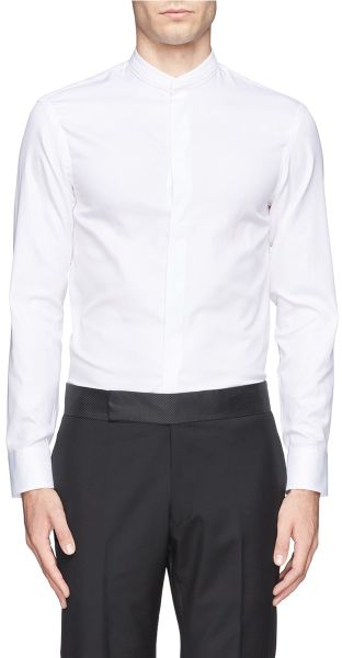 Armani Pleat Mandarin Collar Tuxedo Shirt in White for Men | Lyst