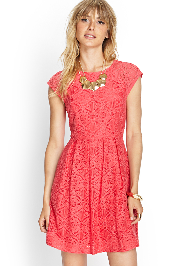 pink lace fit and flare dress
