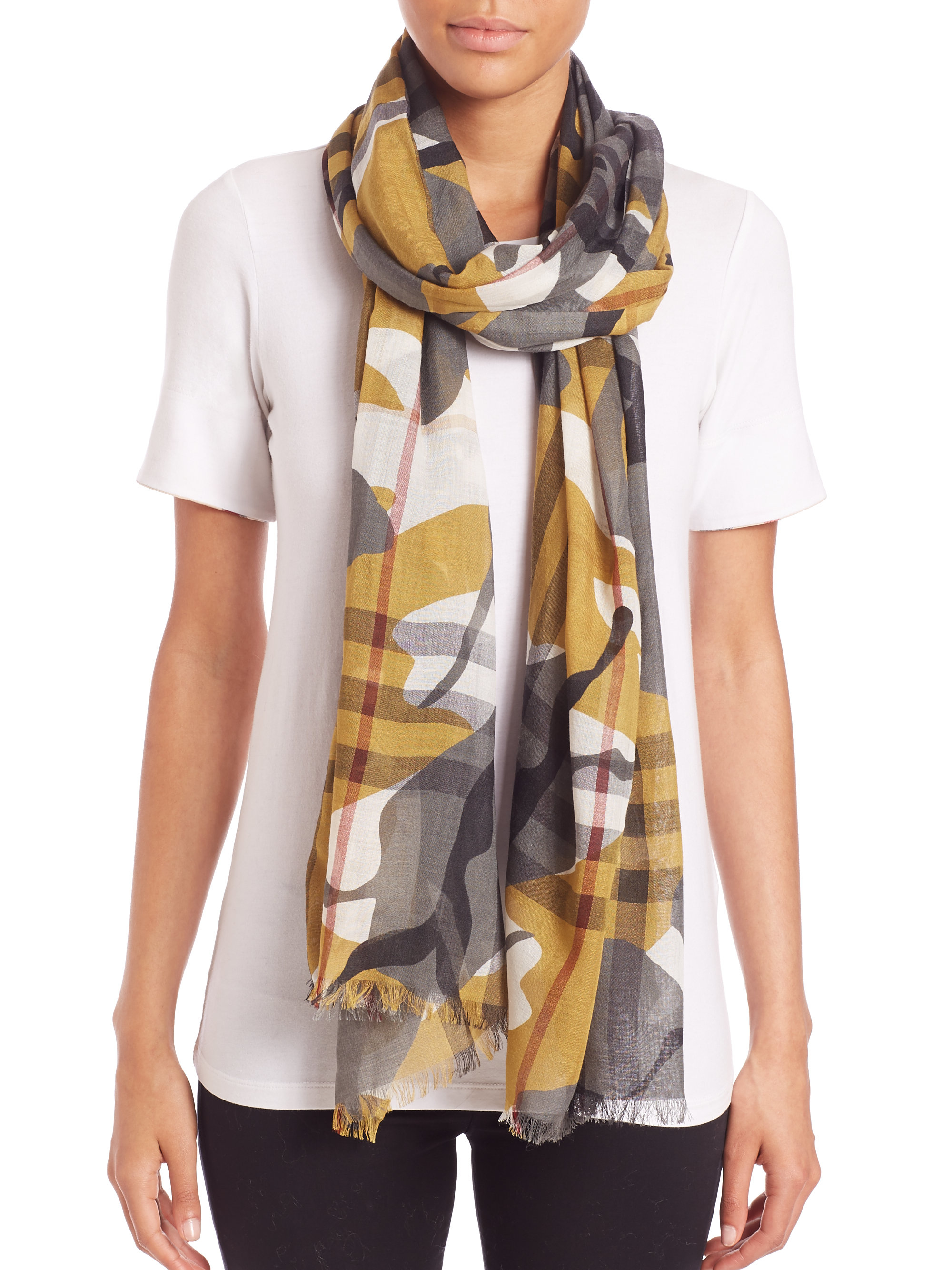Lyst Burberry Painted Camoprint Check Gauze Scarf in Yellow