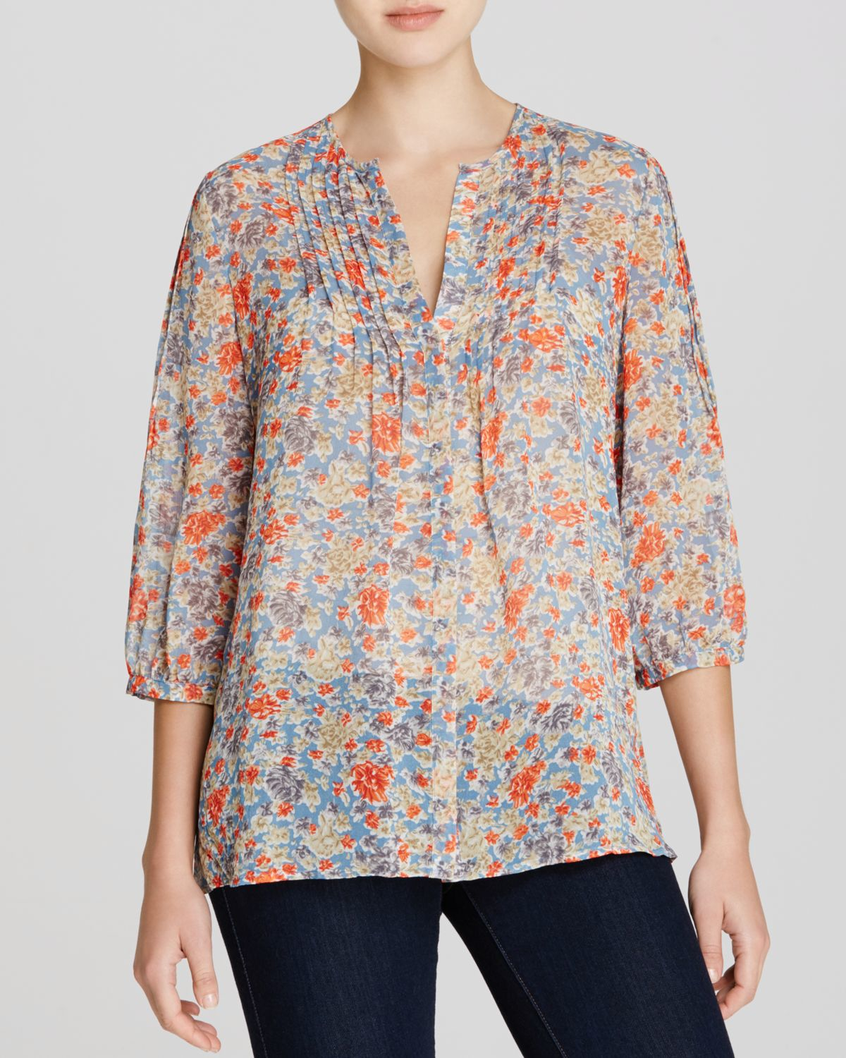 Joie Lacee Floral Print Silk Blouse in Orange (Slate Blue) | Lyst