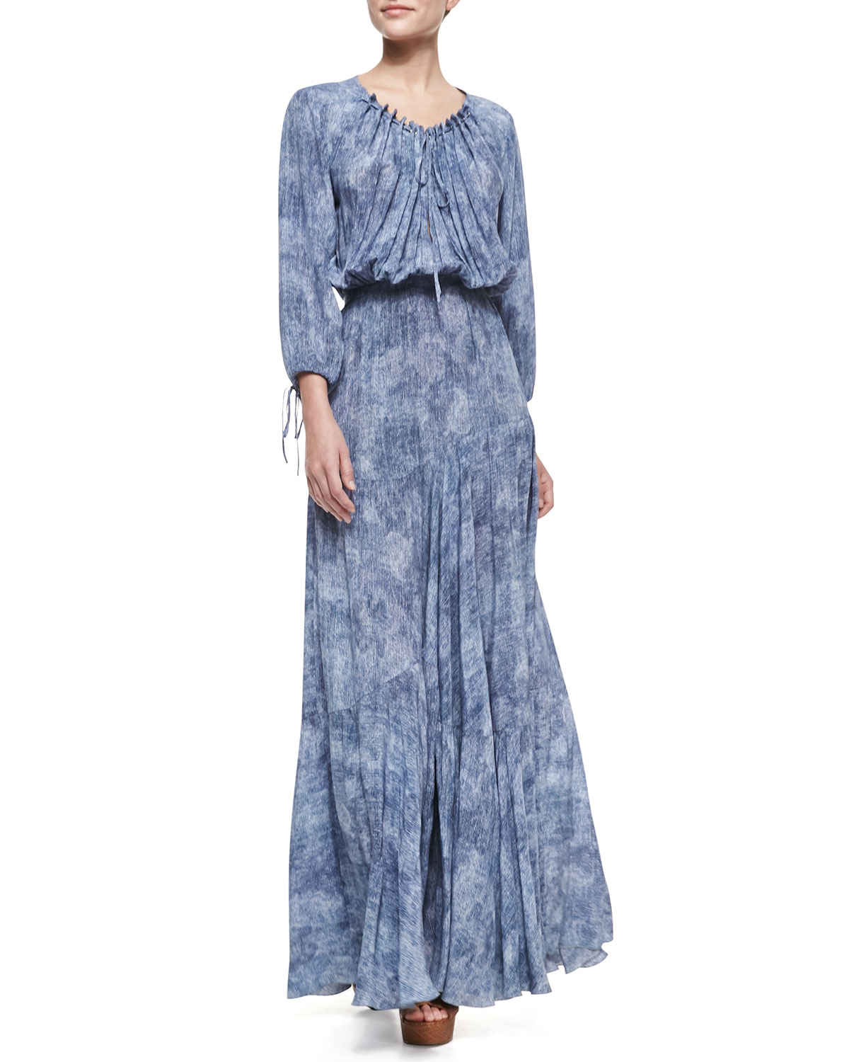 L'agence Denimprint Drawstring Maxi Dress in Blue (INDIGO DENIM PRNT ...