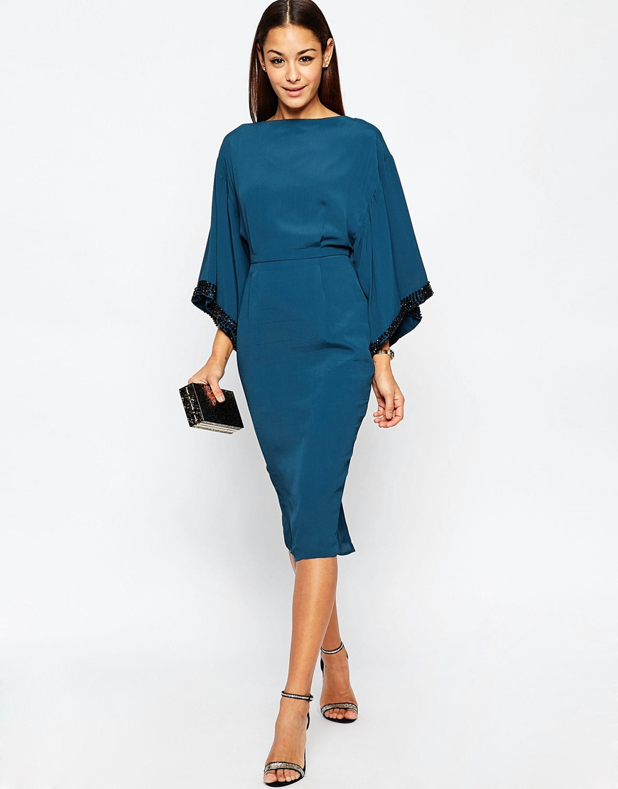 Lyst - Asos Embellished Trim Kimono Midi Dress in Blue