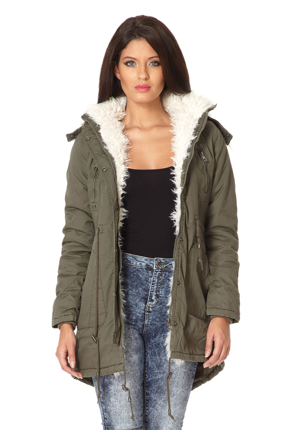 Lyst - Quiz Faux Fur Trim Hooded Parka Jacket in Green