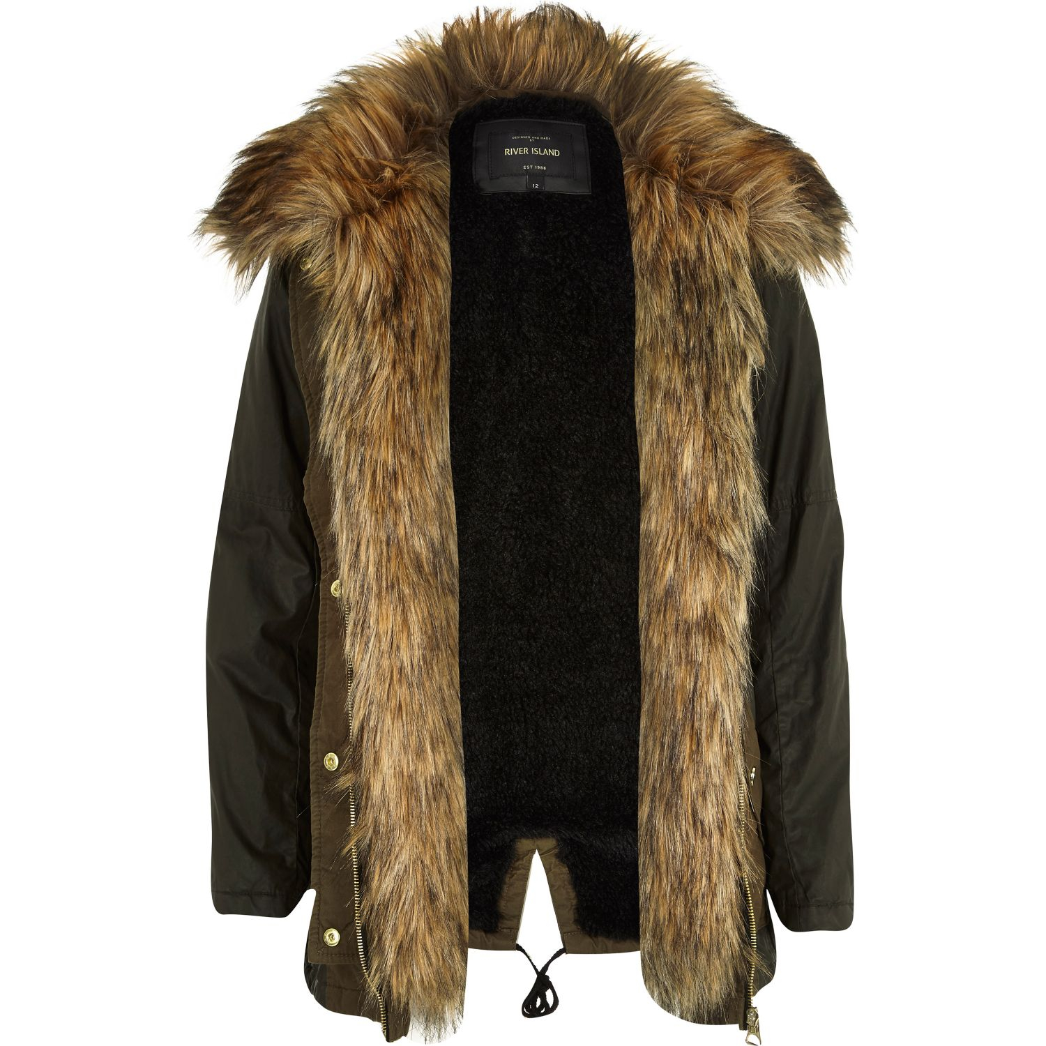 River Island Khaki Faux Fur Lined Parka Coat in Natural Lyst