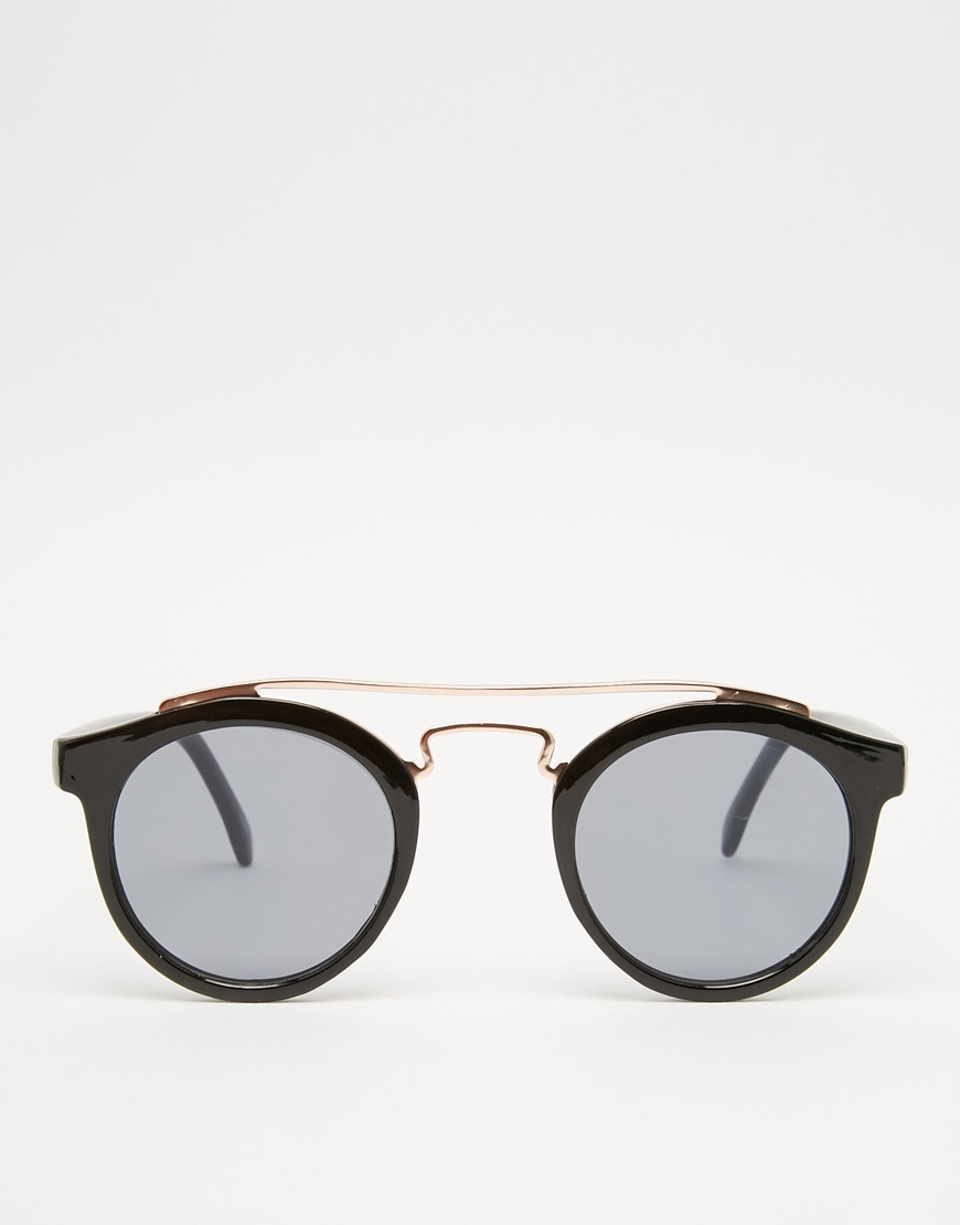 Asos Round Sunglasses In Black And Rose Gold With Flat Lens In Black 