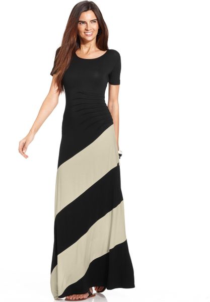 Eci Ruched Side Striped Maxi Dress in Black (Black/Tan) | Lyst