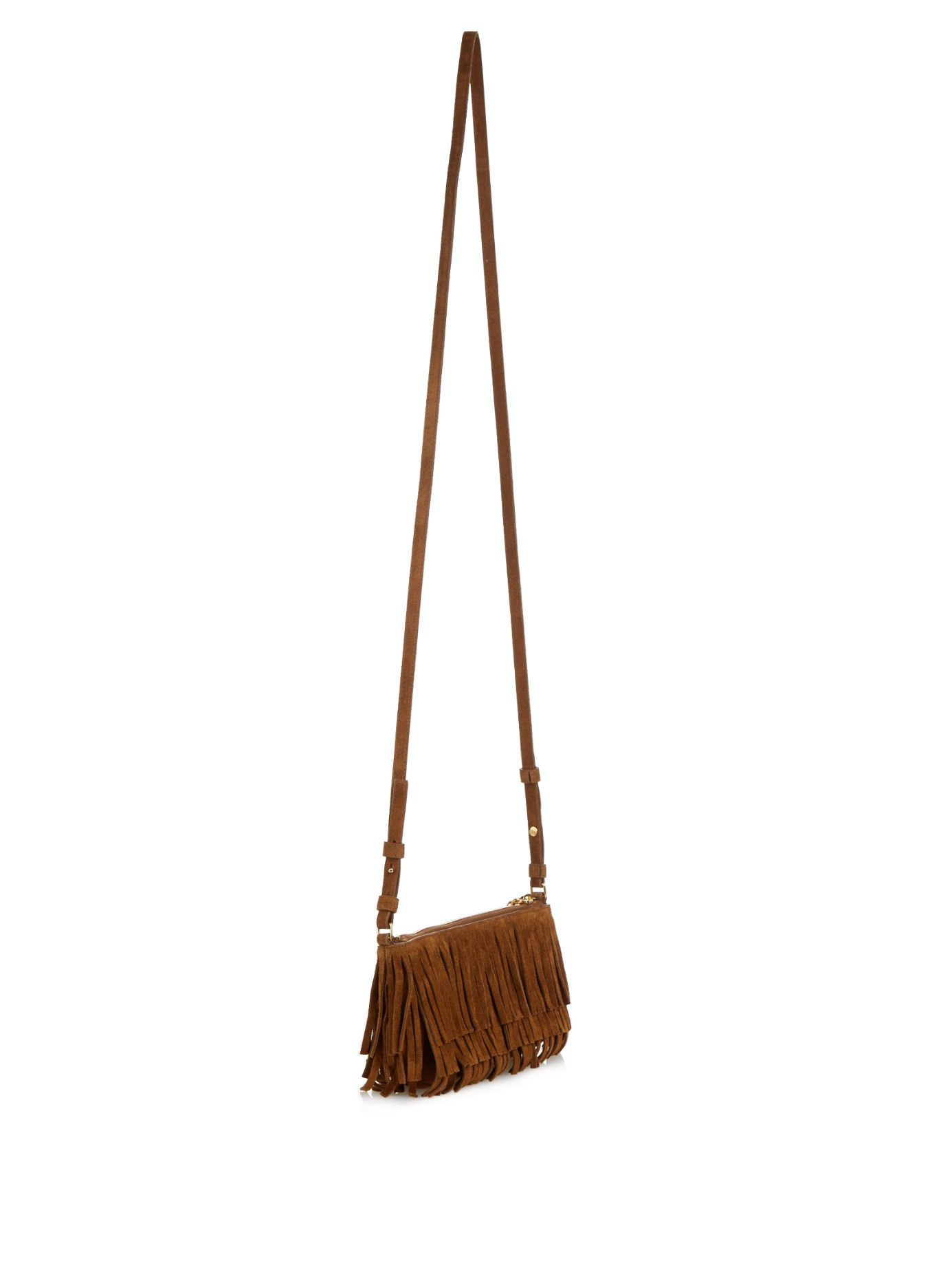 Small Monogram Saint Laurent Fringed Crossbody Bag In Brown Suede, ysl