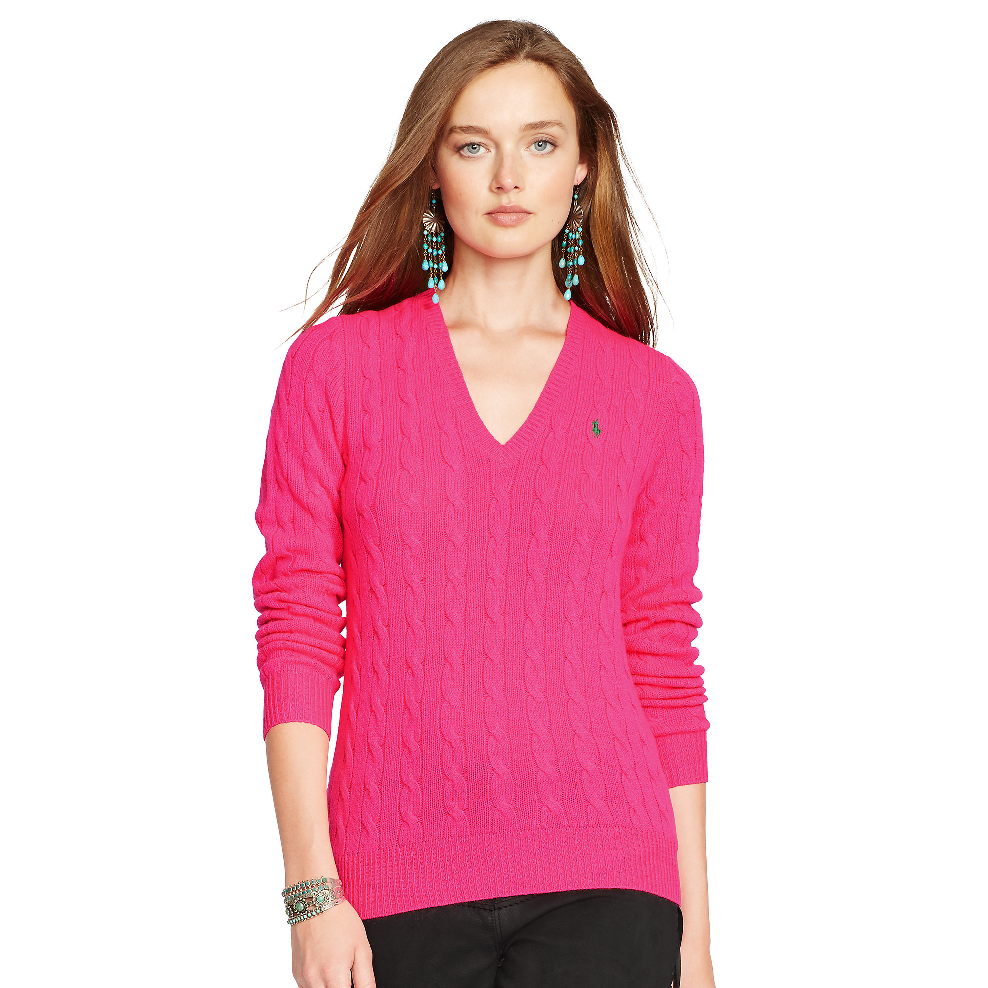 Polo ralph lauren Cable-Knit V-Neck Sweater in Pink | Lyst