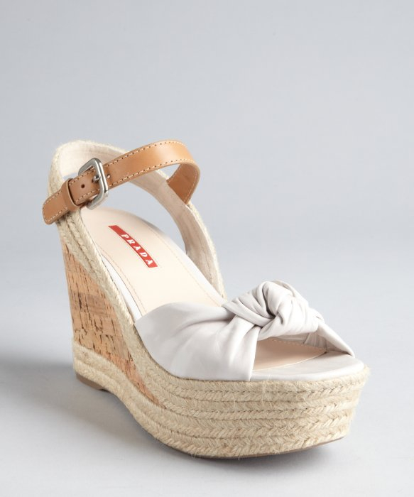 Lyst - Prada Sport Ivory Leather Knotted Cork and Jute Wedge Sandals in ...