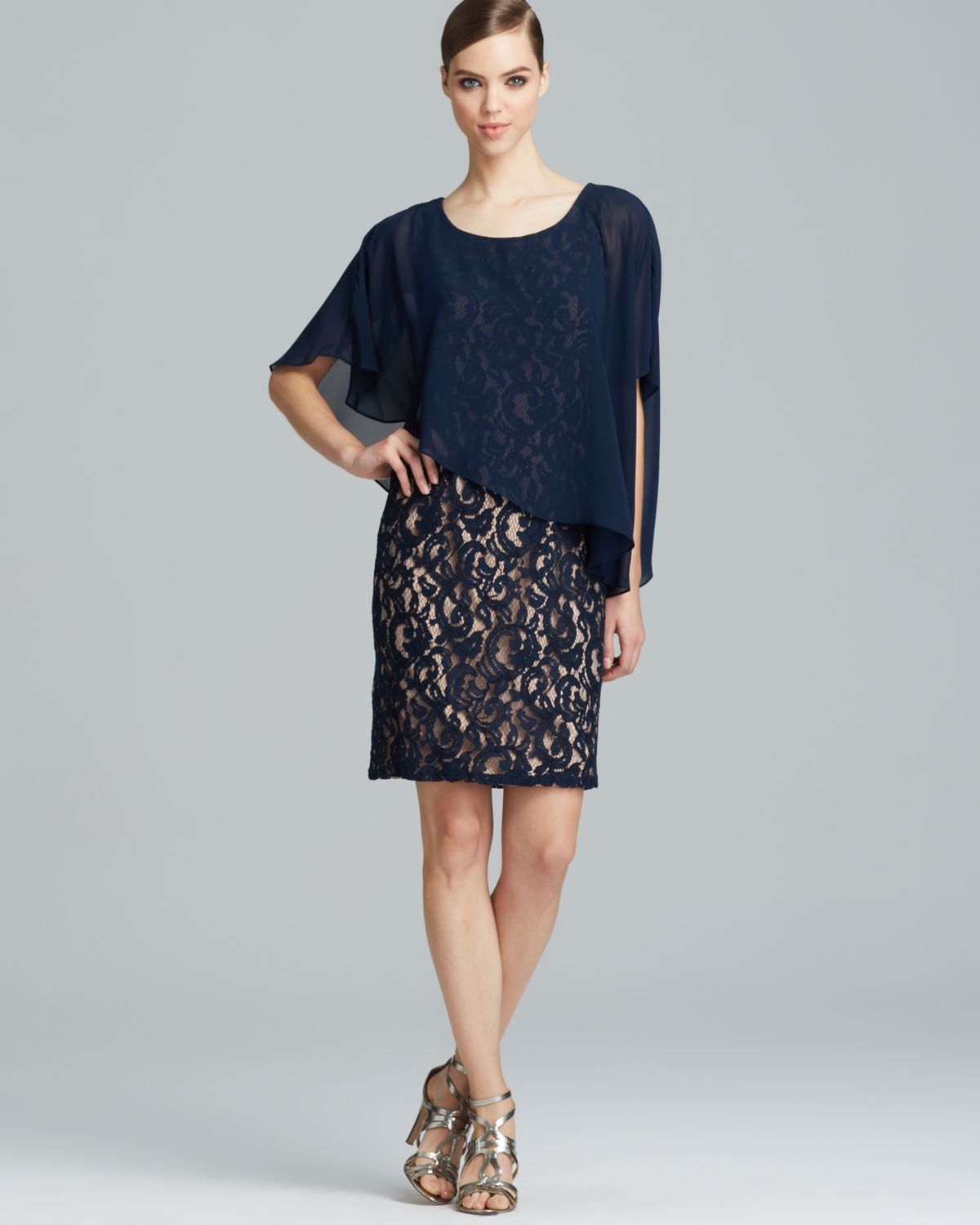 Lyst - Adrianna Papell Dress Lace With Chiffon Capelet In Blue