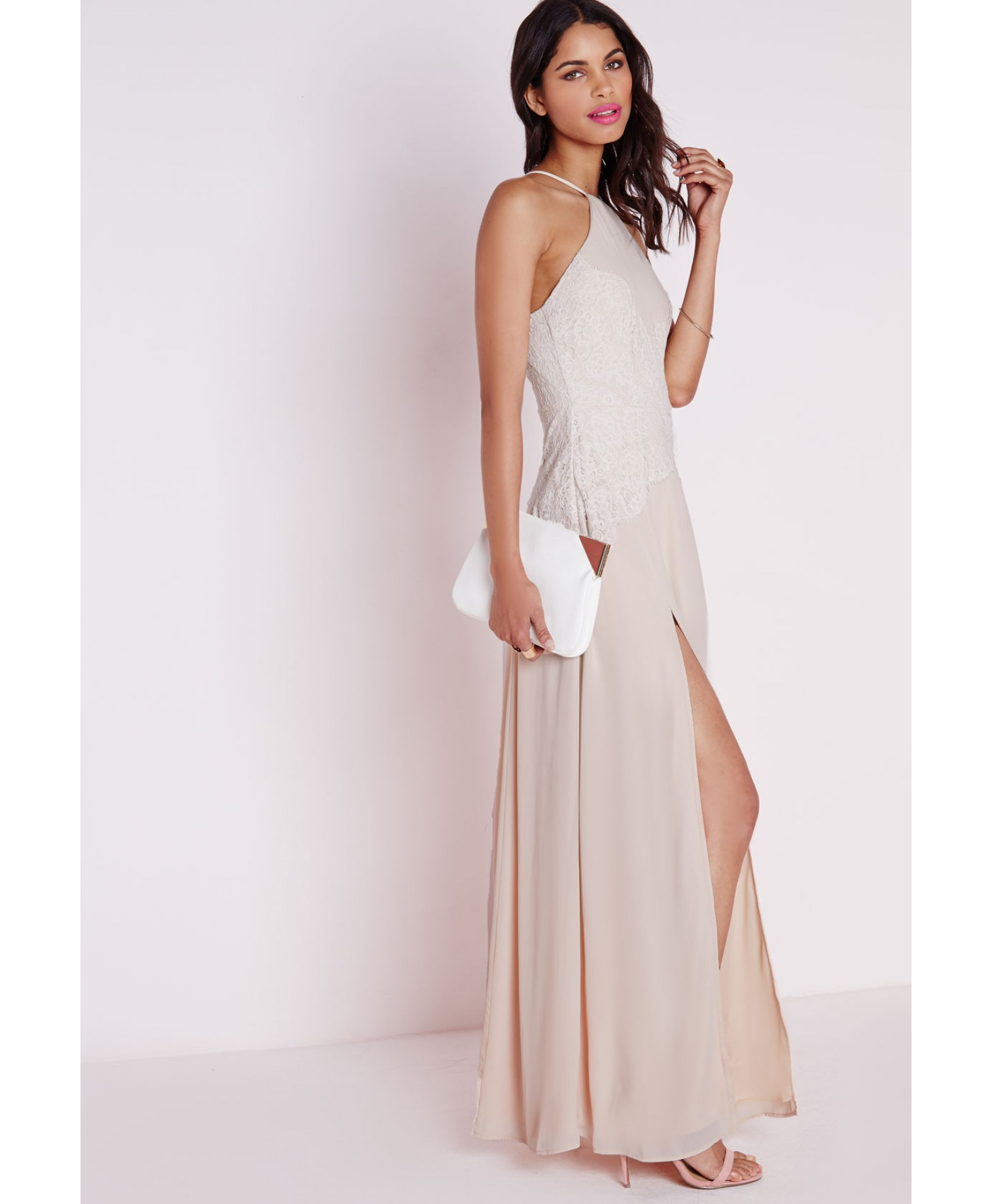 Missguided Halterneck White Eyelash Lace Maxi Dress Nude In White Lyst