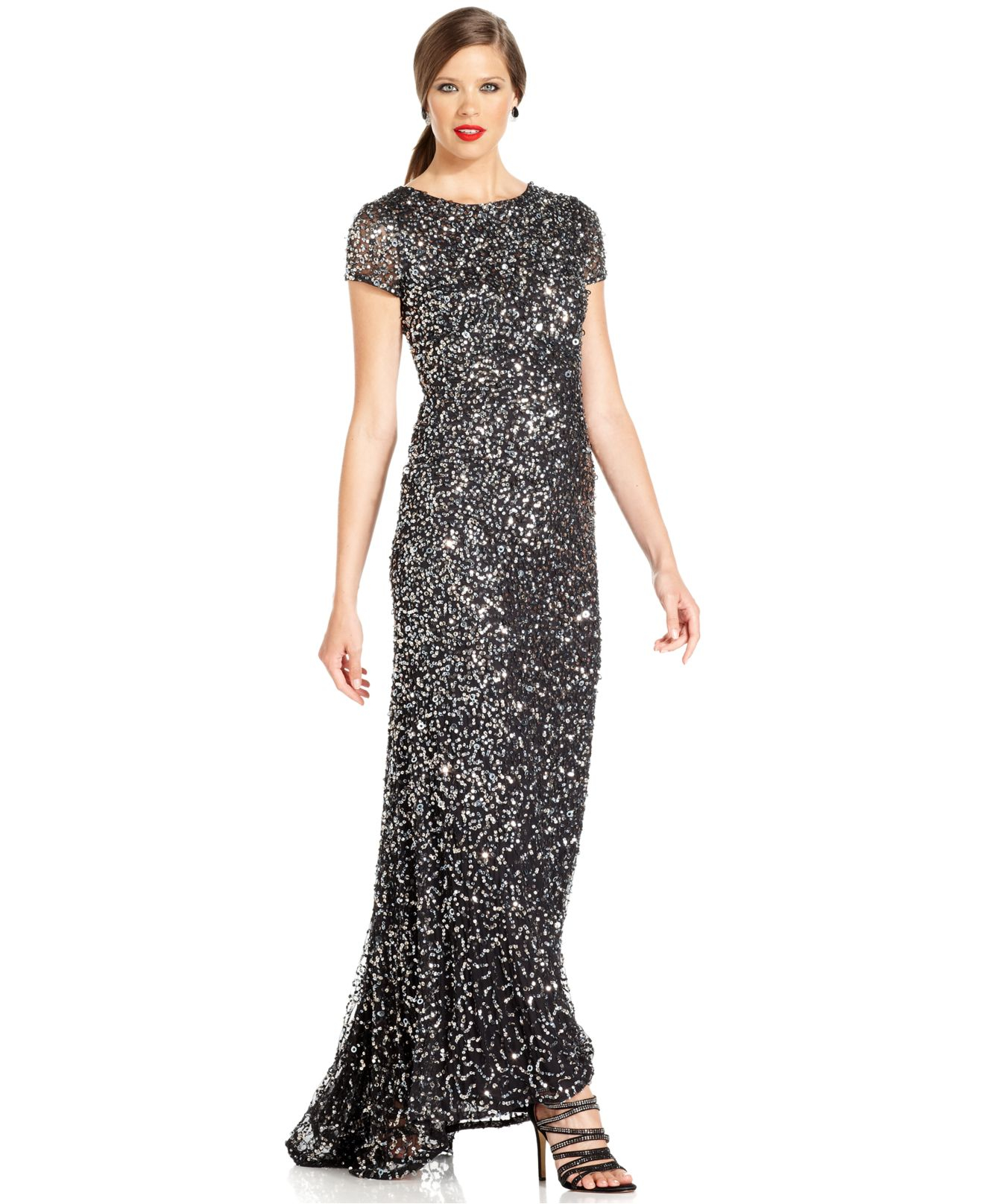 adrianna papell short sleeve beaded blouson gown