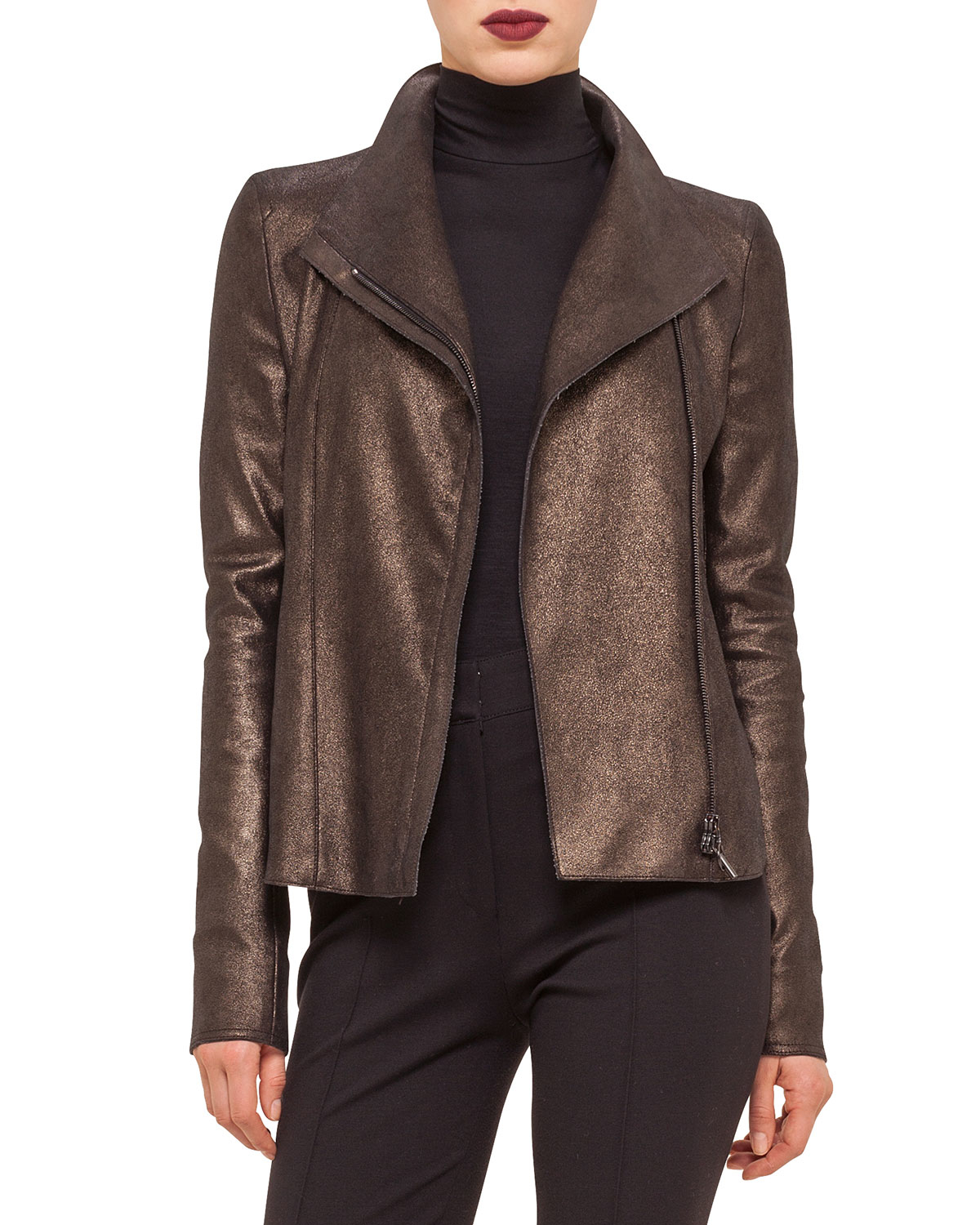 Akris punto Metallic Leather Moto Jacket in Black Lyst