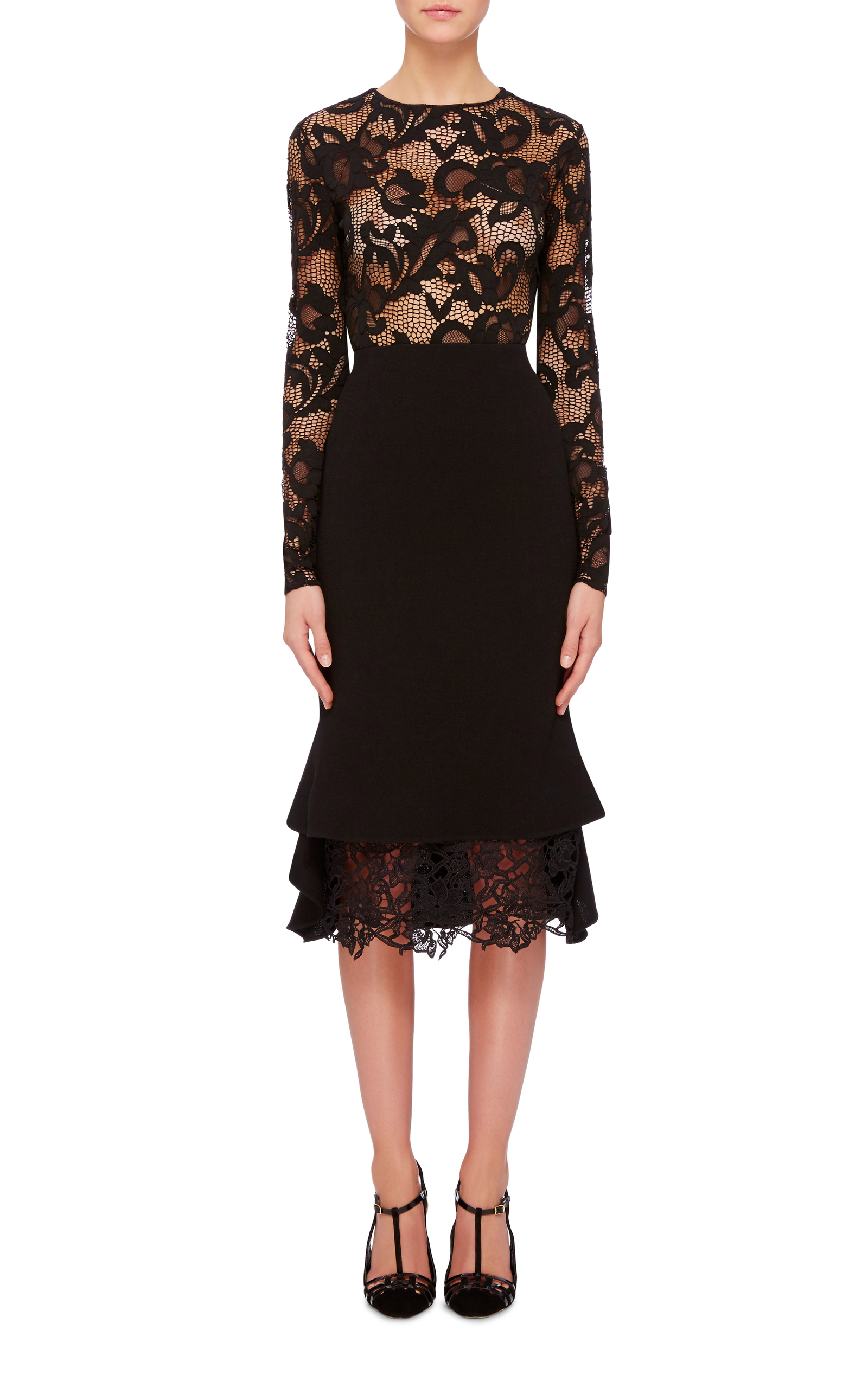 Oscar de la renta Side Ruffle Lace Hem Pencil Skirt in Black | Lyst