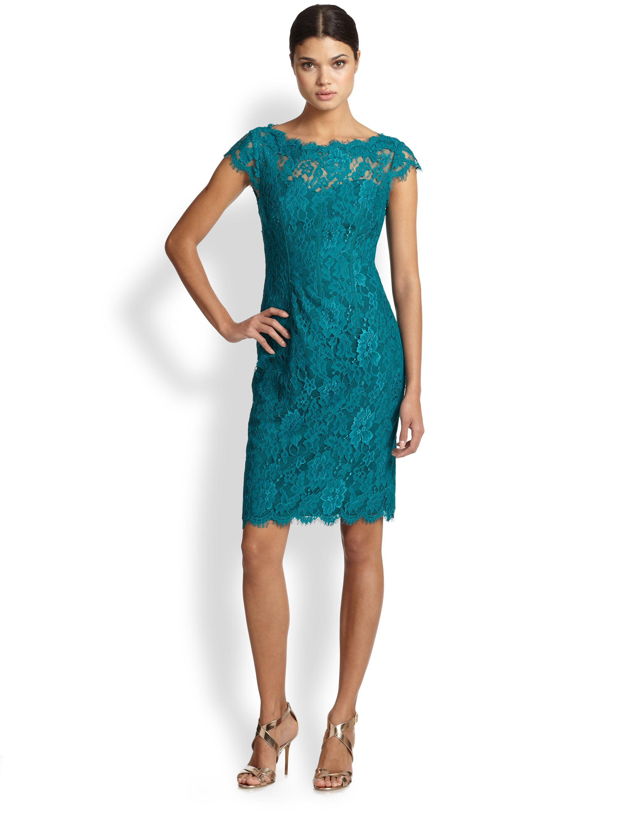 Lyst - Ml monique lhuillier Lace Sheath Cocktail Dress in Green