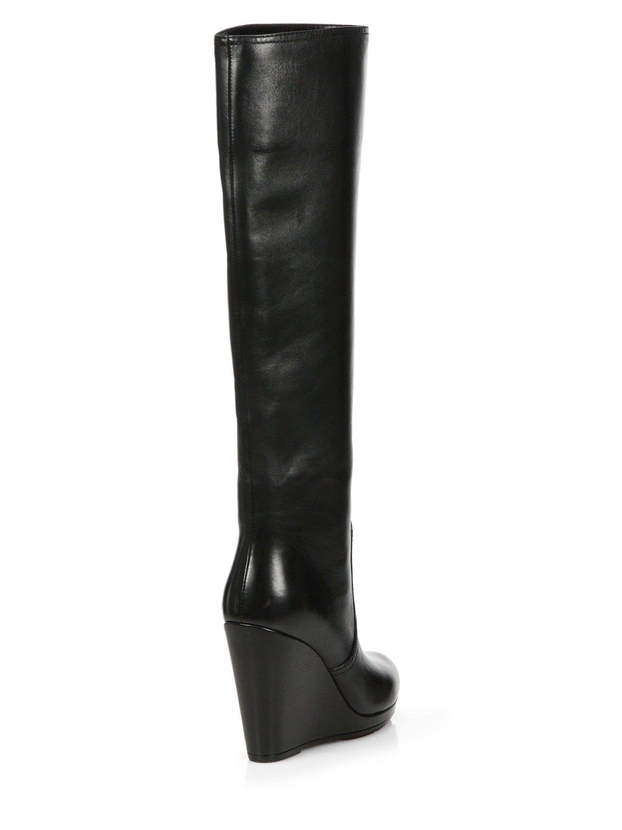 Prada Tall Leather Wedge Boots in Nero-Black (Black) - Lyst