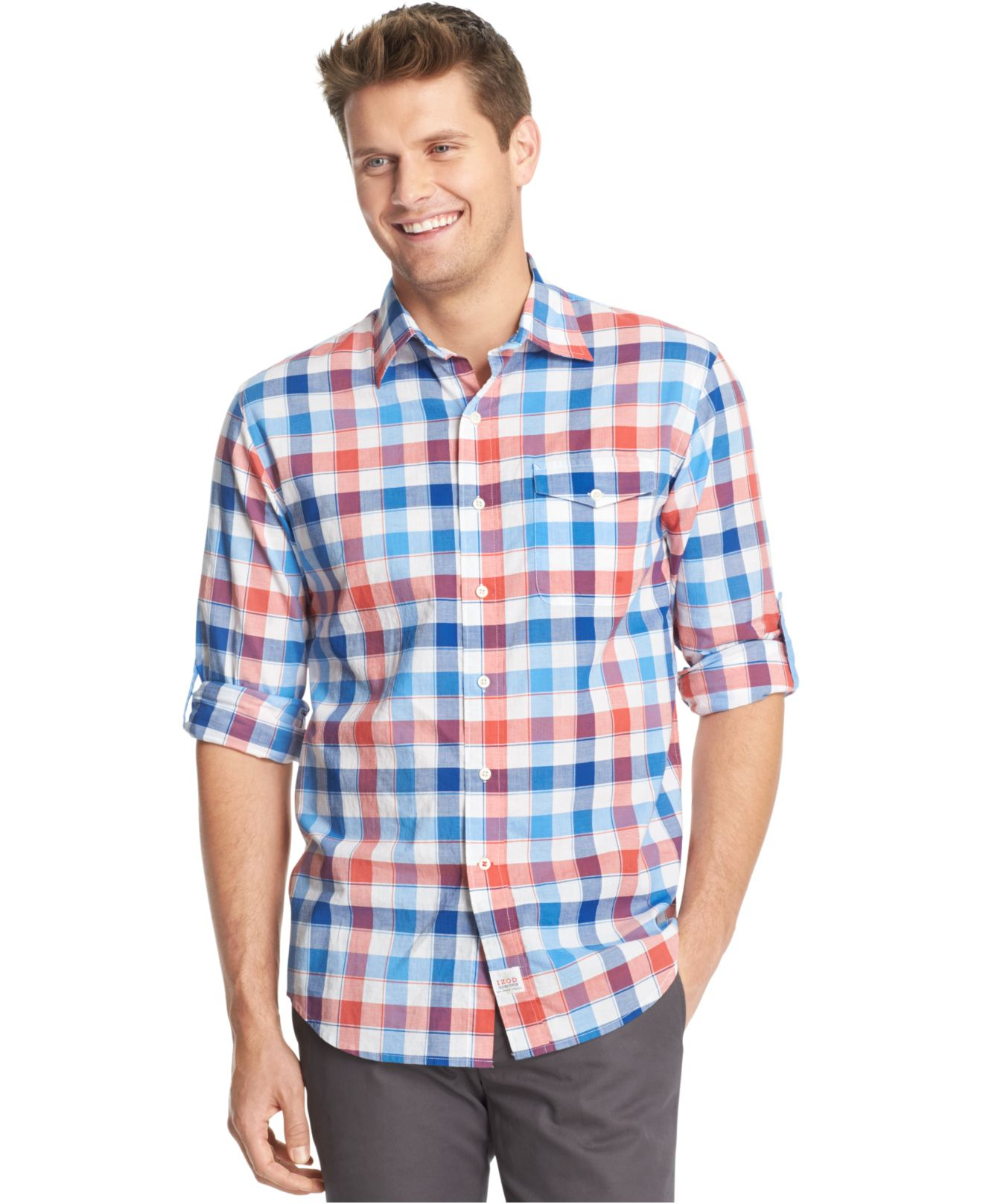Izod Lightweight Plaid Pocket Long Sleeve Shirt in Blue for Men | Lyst