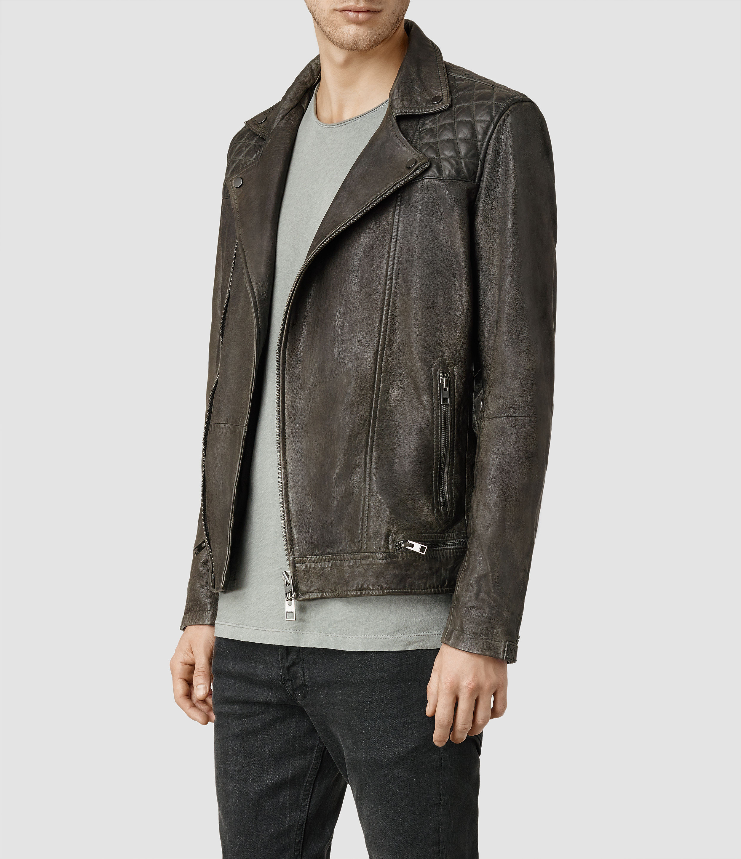 Lyst - Allsaints Conroy Leather Biker Jacket in Gray for Men