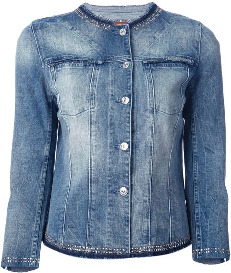 7 For All Mankind Studded Collarless Denim Jacket in Blue | Lyst