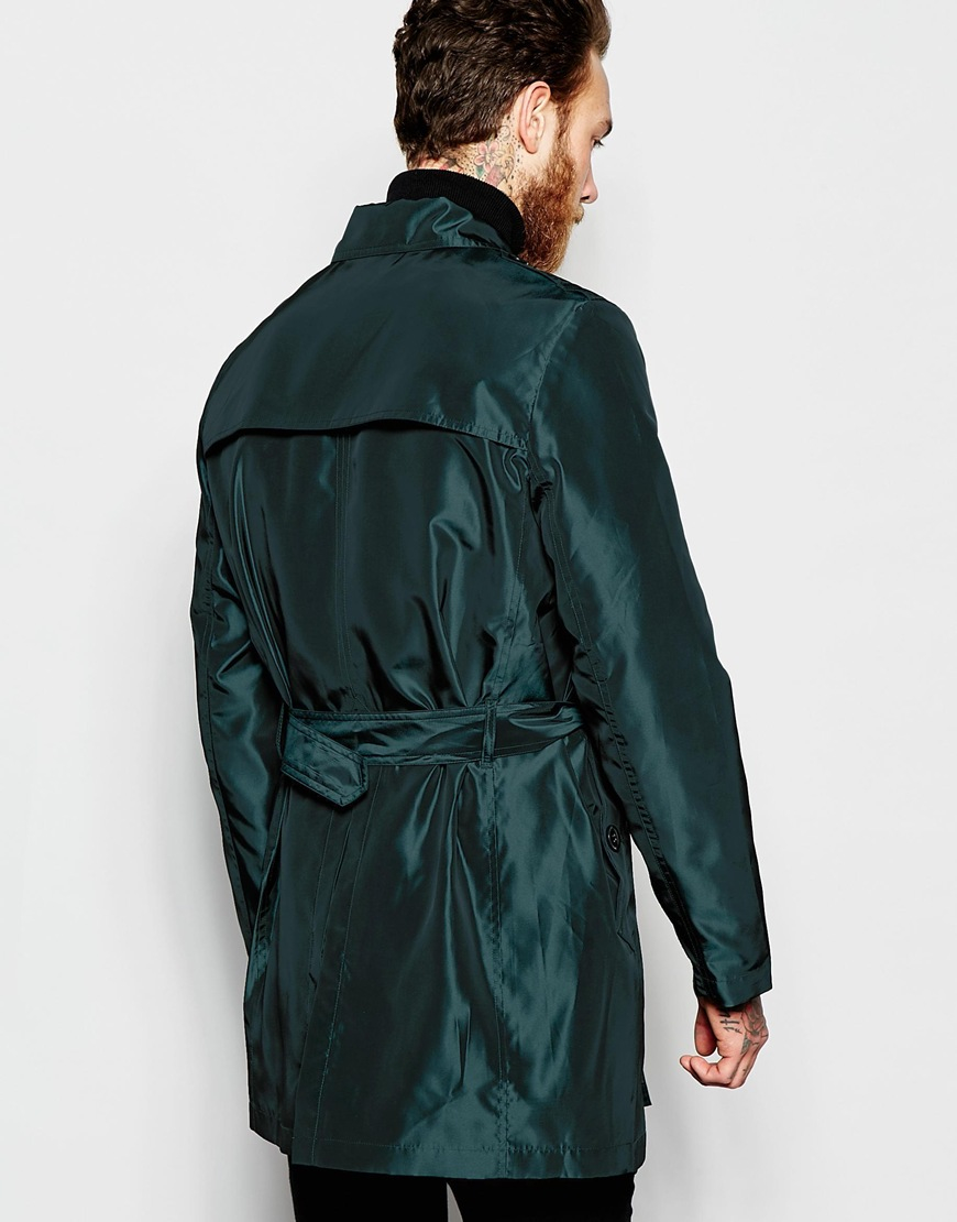 Lyst - Asos Trench Coat In Two Tone Fabric In Emerald Green in Green ...