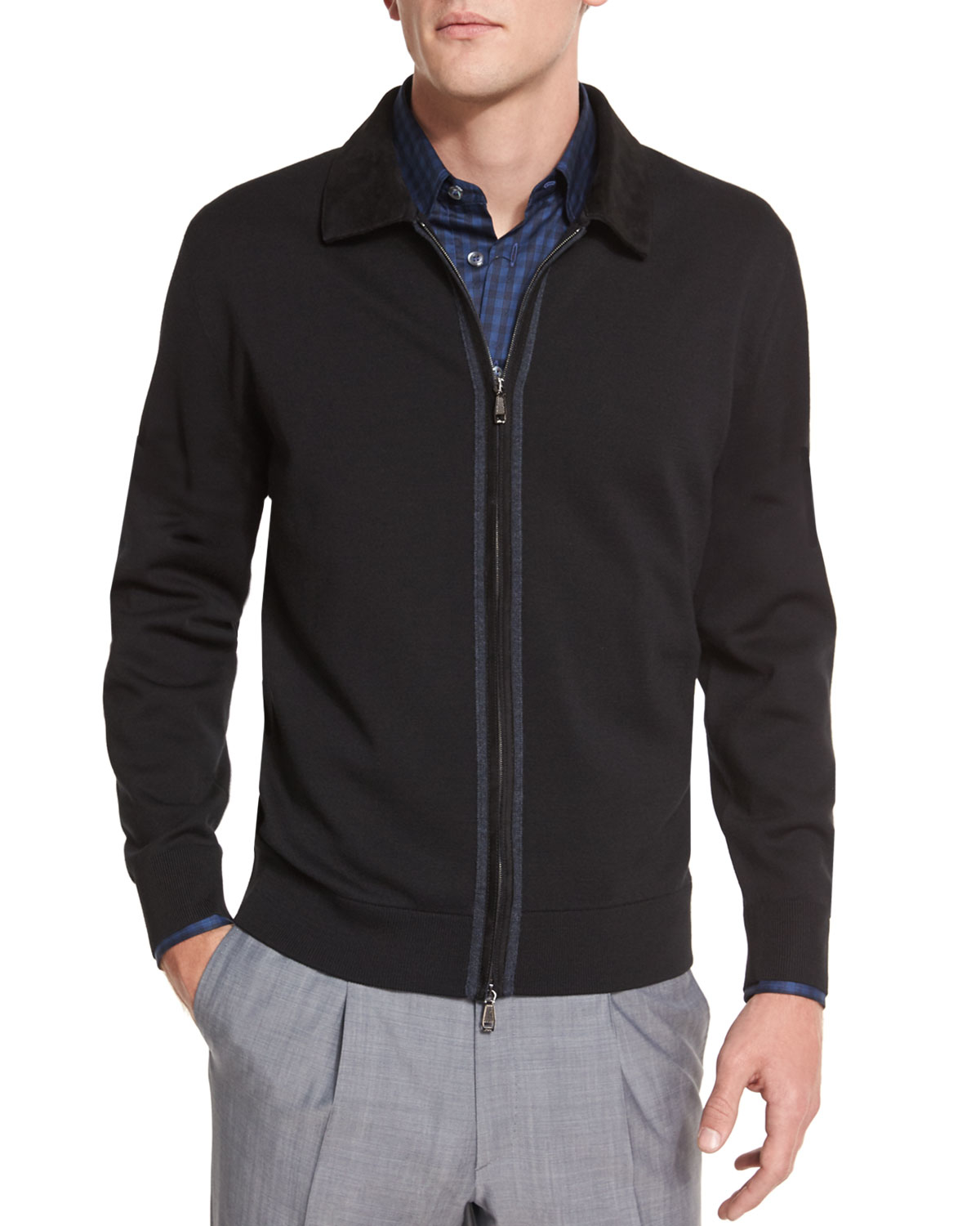 Lyst - Brioni Full-zip Jacket With Suede Trim in Black for Men