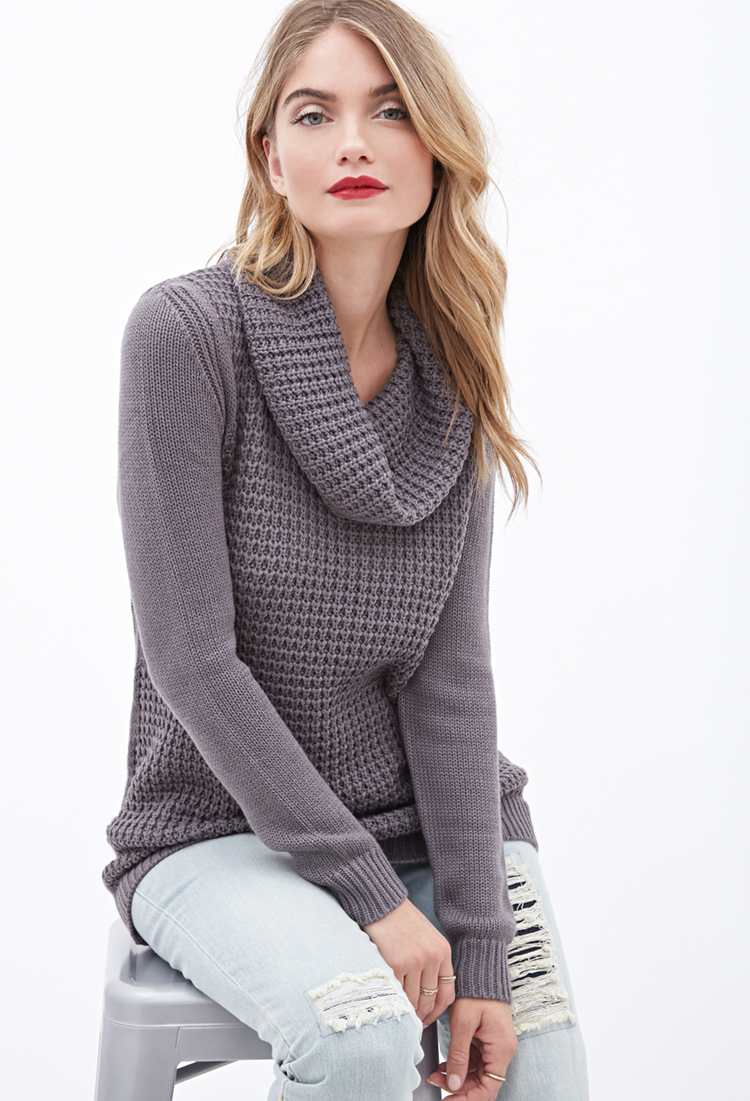 Lyst Forever 21 Contemporary Mixedknit Cowl Neck Sweater in Gray