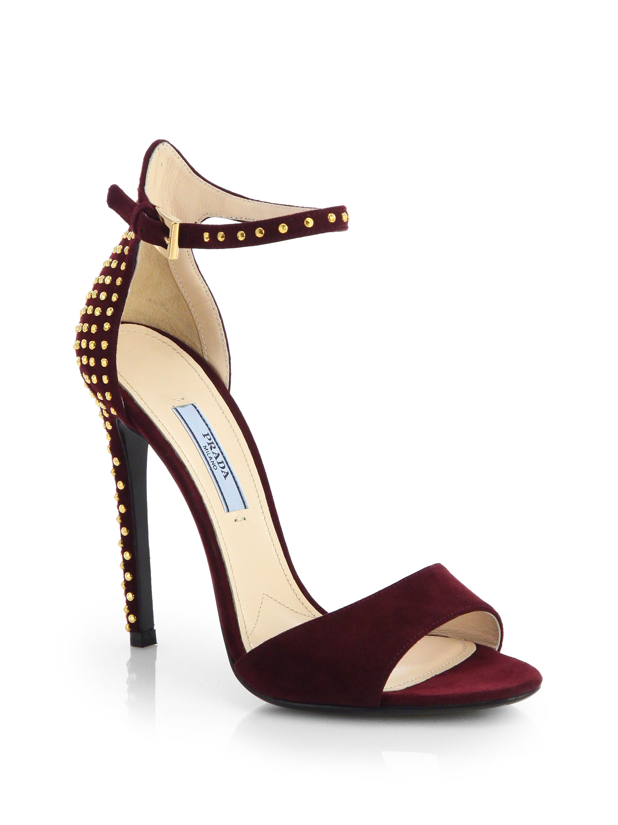 Prada Studded Suede Ankle-Strap Sandals in Red (BURGUNDY) | Lyst