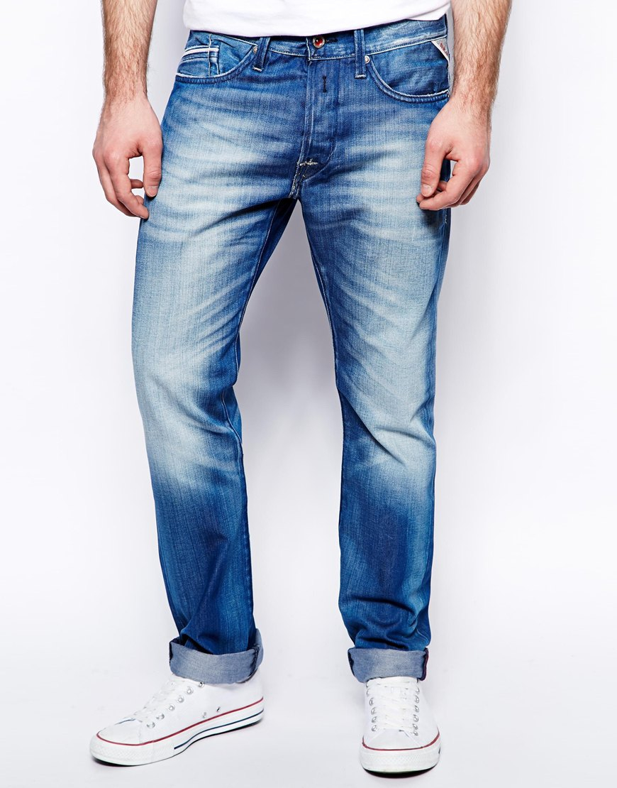 Replay Jeans Waitom Straight Fit Mid Wash in Blue for Men ...