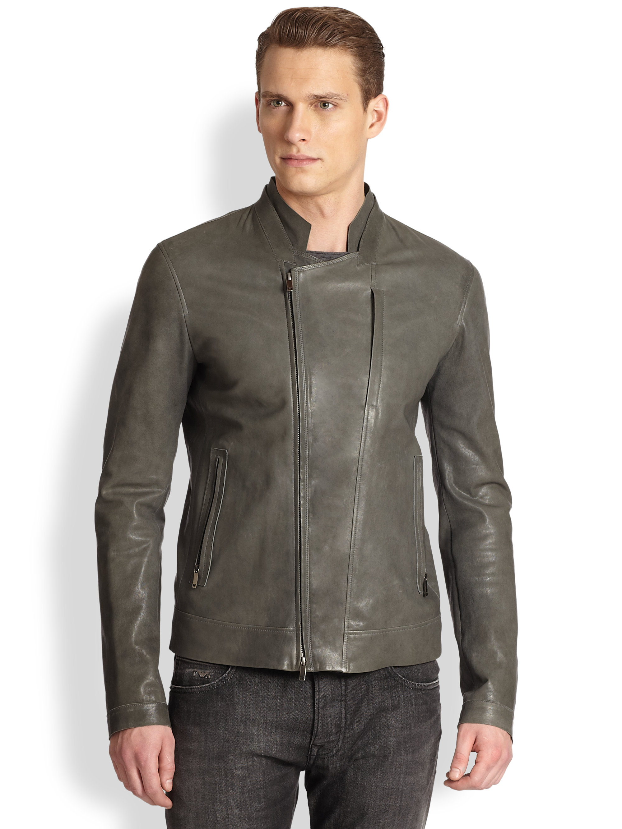 Lyst Emporio Armani Asymmetrical Leather  Jacket in Gray  