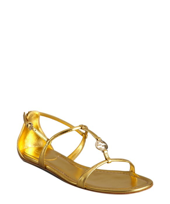 Lyst - Gucci Gold Metallic Leather Logo Charm Strappy Sandals in Metallic