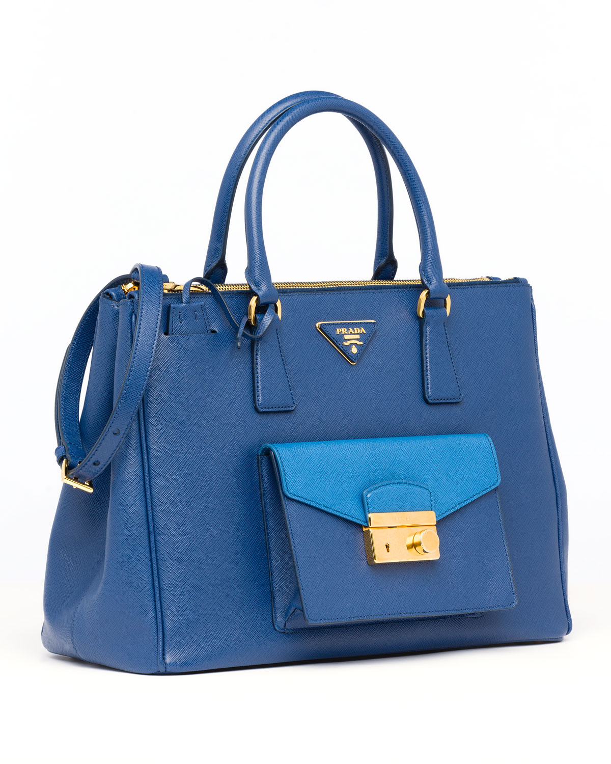 Prada Saffiano Bi-color Pocket Tote Bag in Blue (Blue (Bluette+Cobalto ...