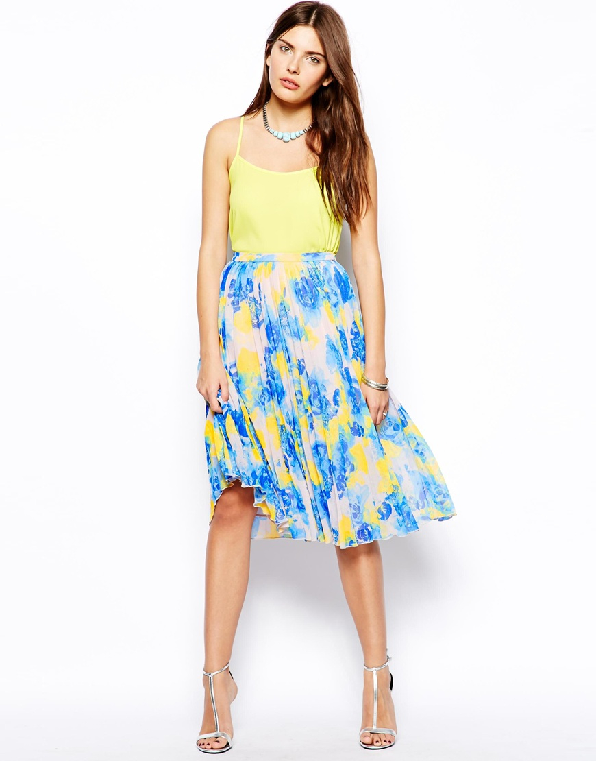 Asos Pleated Midi Skirt In Floral Print in Blue | Lyst