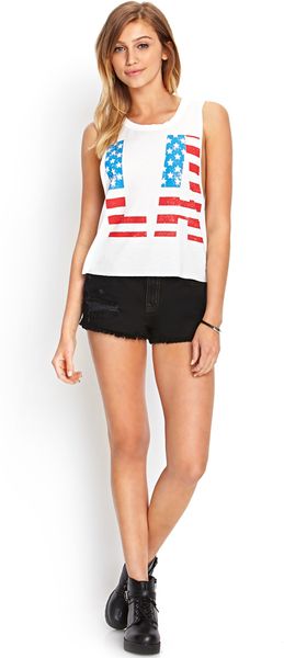 Forever 21 Americana La Muscle Tee in White (Ivoryred)