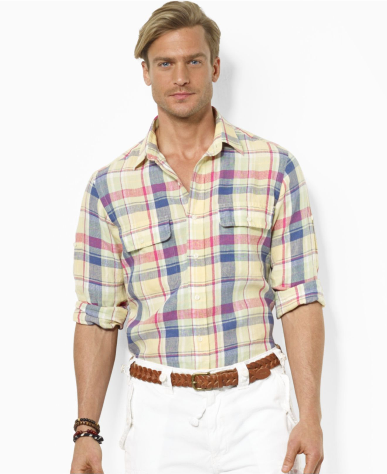 Lyst - Polo ralph lauren Polo Customfit Plaid Linen Workshirt in Blue ...