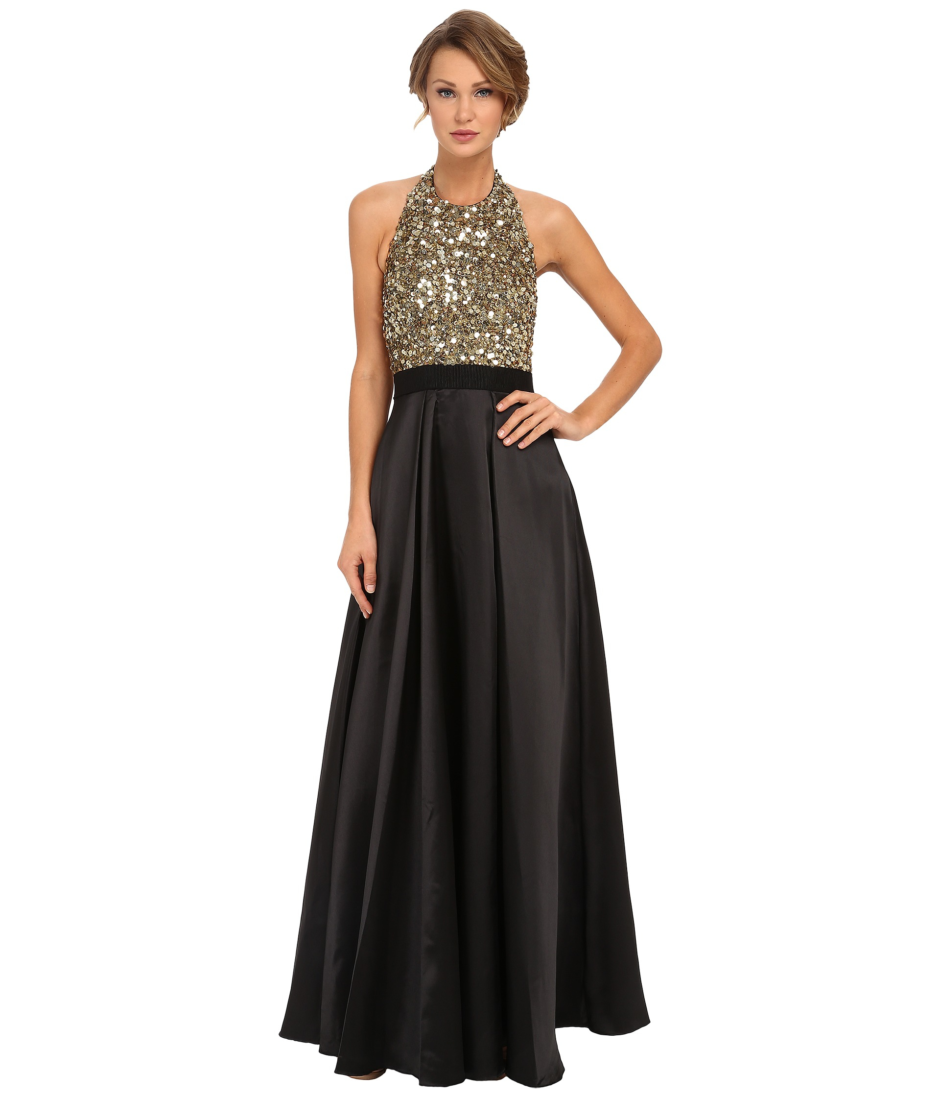 Lyst - Badgley Mischka Sequin Halter Ball Gown in Black