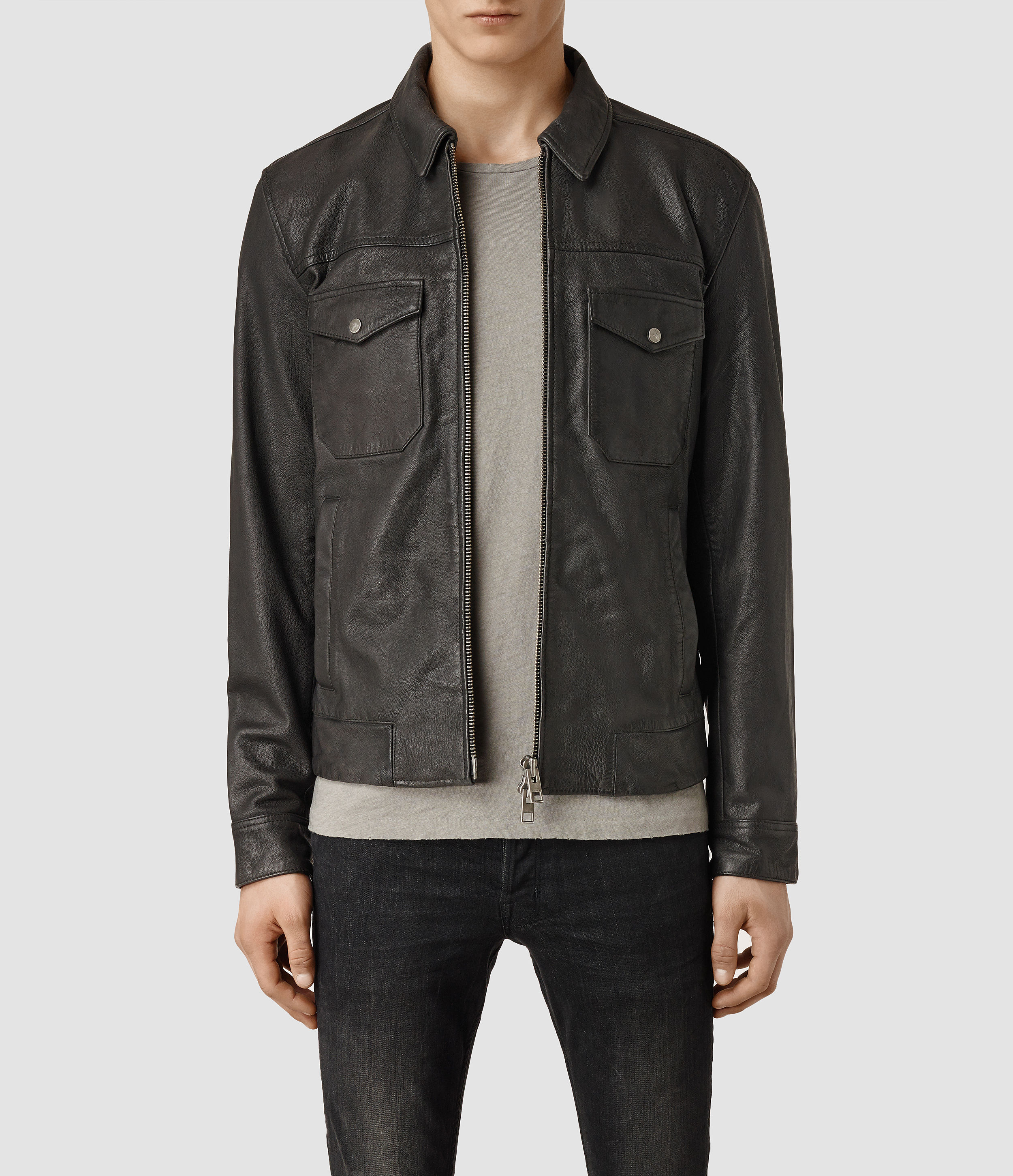Lyst Allsaints Milton Leather Jacket In Gray For Men Gallery