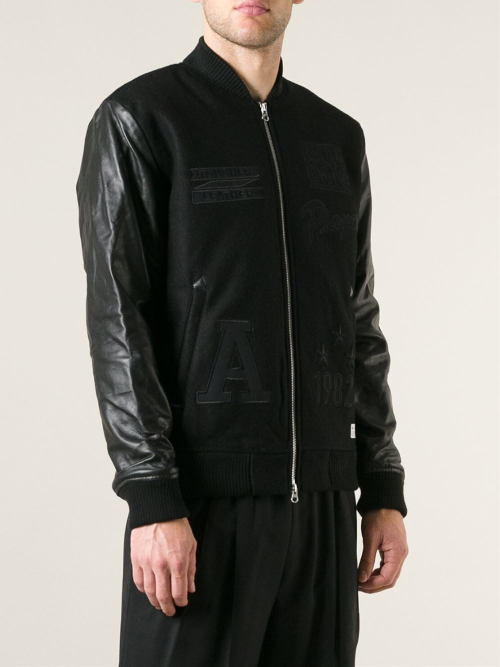adidas Leather Sleeve Varsity Bomber Jacket in Black for Men - Lyst