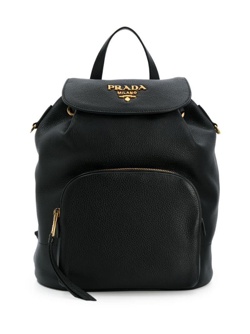 Prada Pebbled Leather Logo Backpack in Black - Lyst