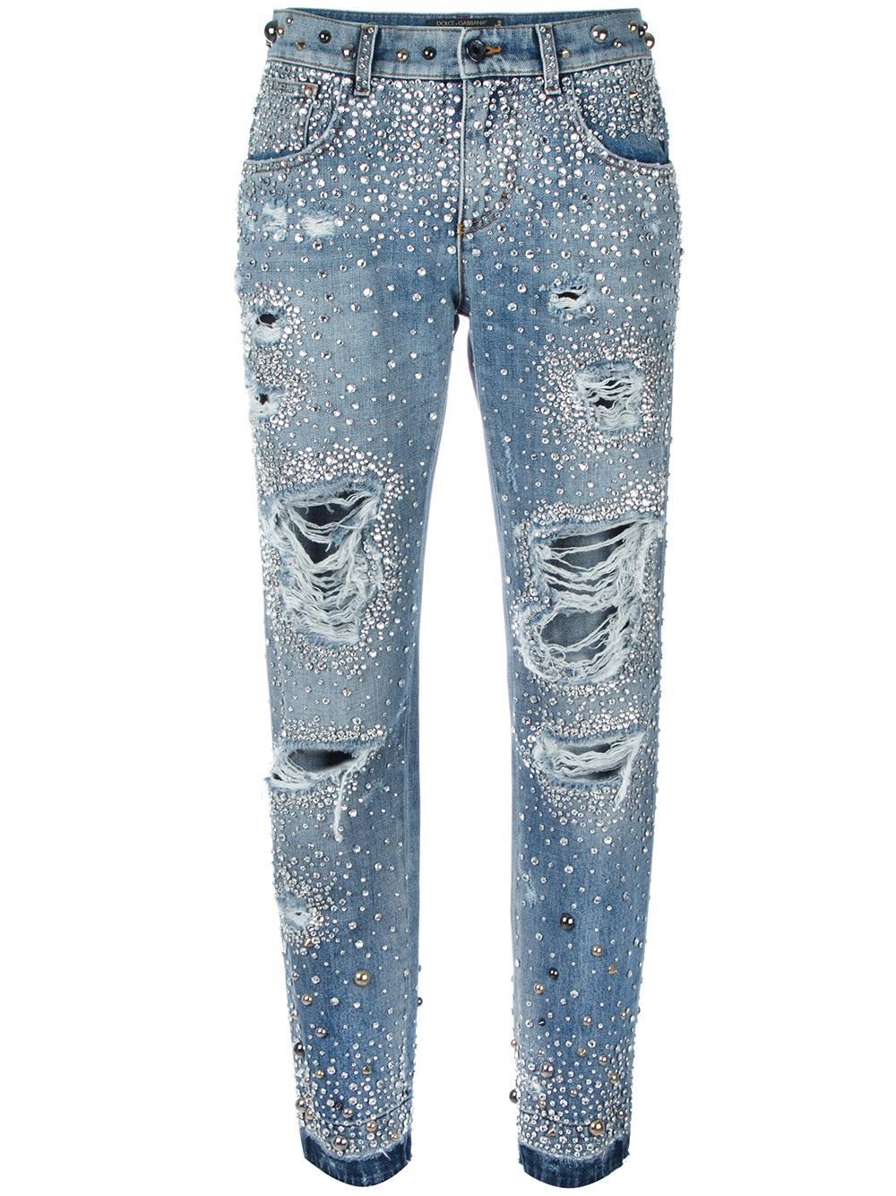 Dolce & Gabbana Rhinestone Ripped Boyfriend Jeans in Blue - Lyst