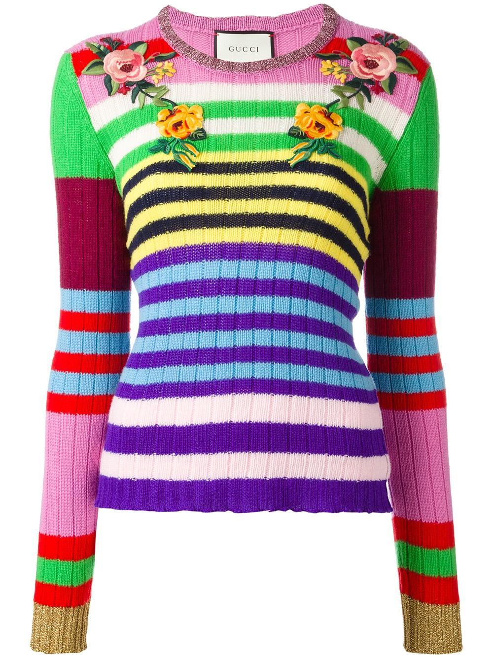 Gucci Floral-appliqué Striped Wool-blend Sweater | Lyst