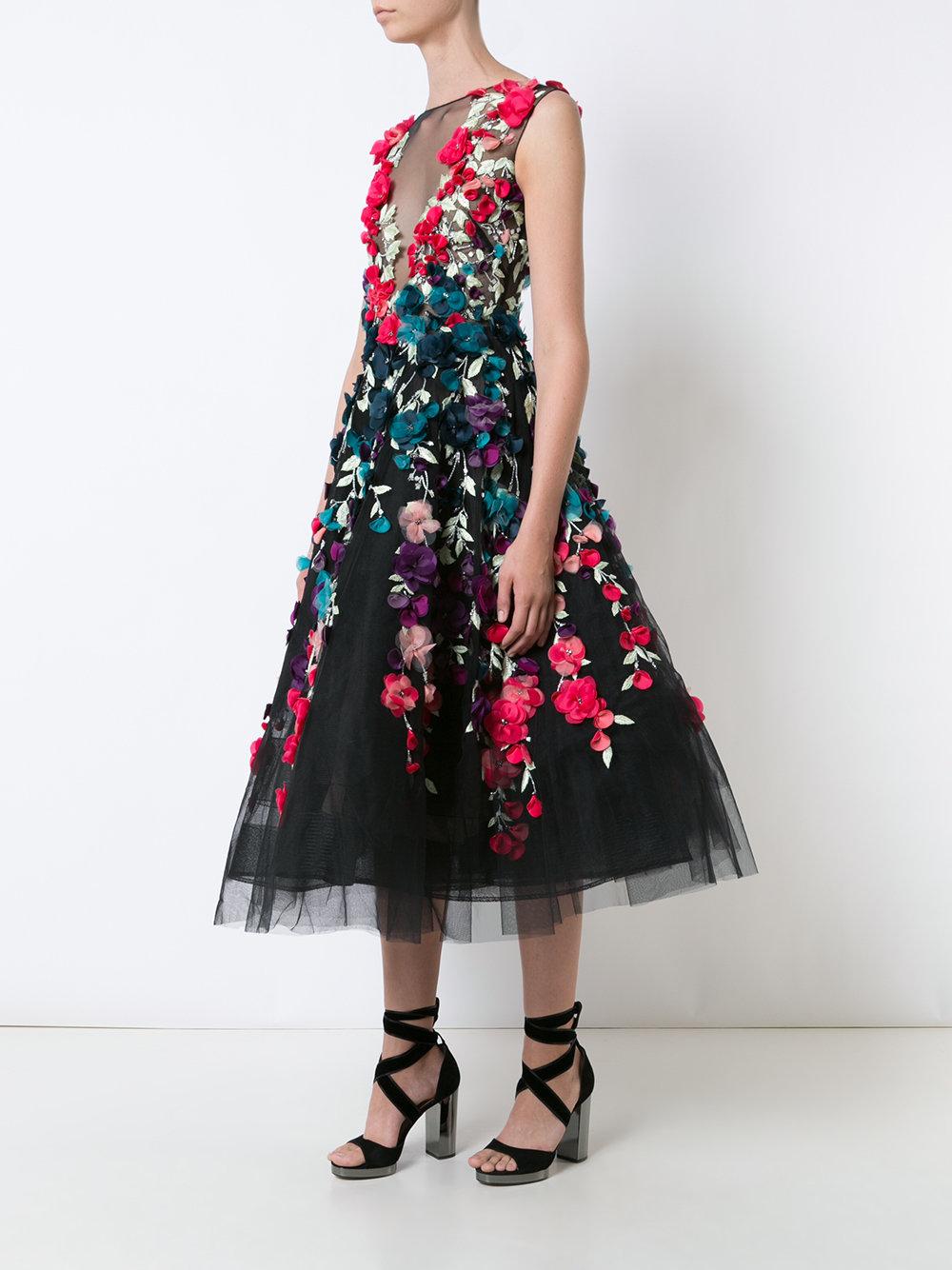 Marchesa Floral Embroidered Mid-length Gown in Black | Lyst