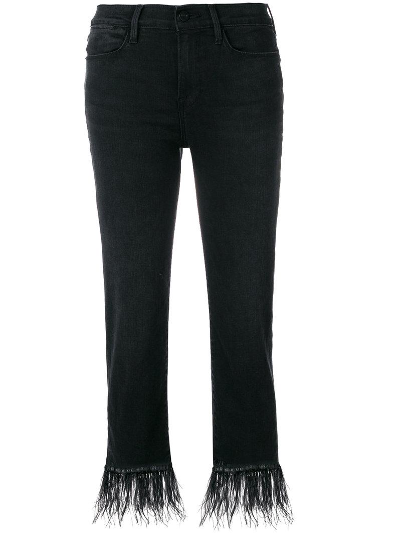 Lyst - Frame Feather Trim Cropped Jeans in Black