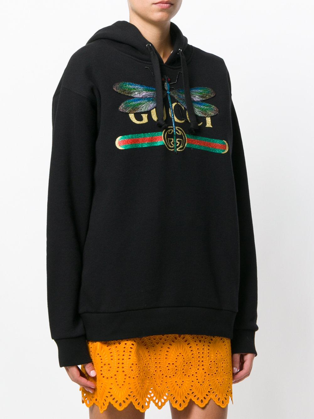Gucci Logo And Dragonfly Hoodie in Black - Lyst