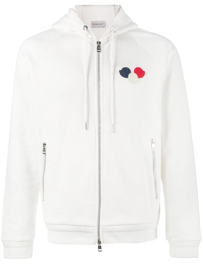 Moncler Logo Patch Zip-up Hoodie in White for Men | Lyst