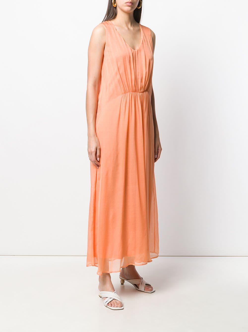 120% Lino Long Sleeveless Ruched Dress in Orange - Lyst