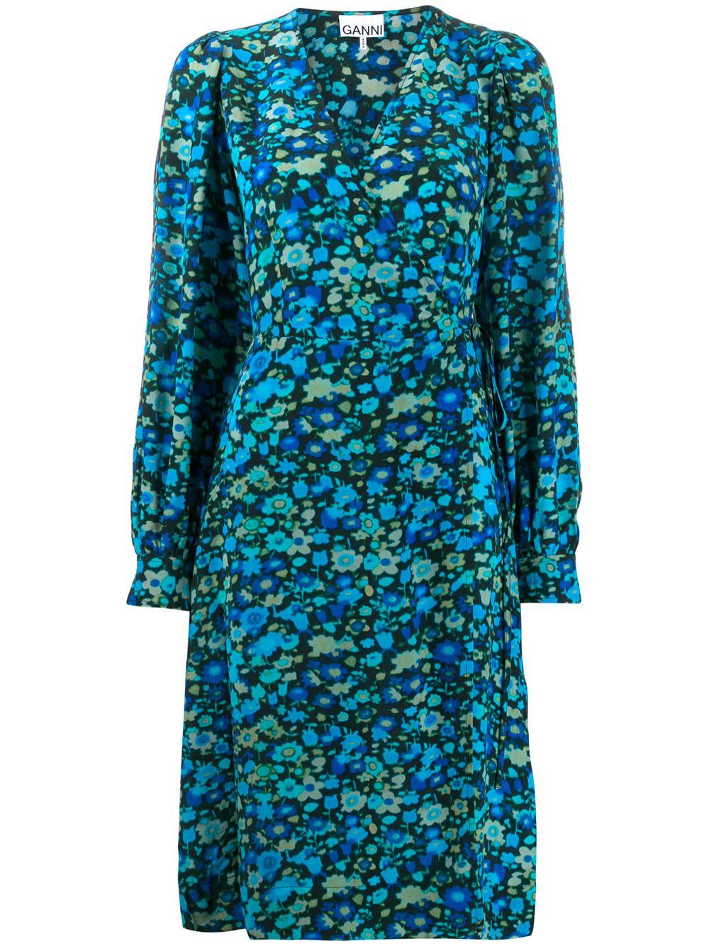 Ganni Synthetic Floral-print Wrap Dress in Blue - Lyst