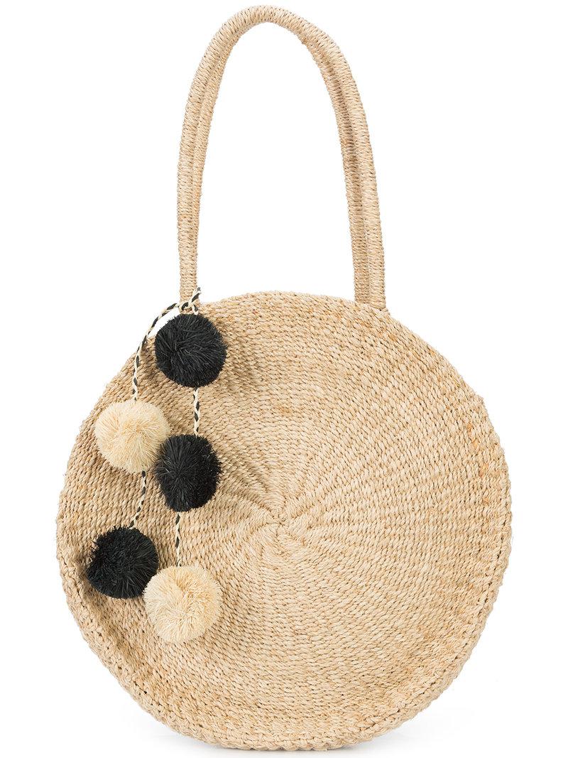 Lyst Kayu Weaved Round Tote Bag With Pompoms in Brown