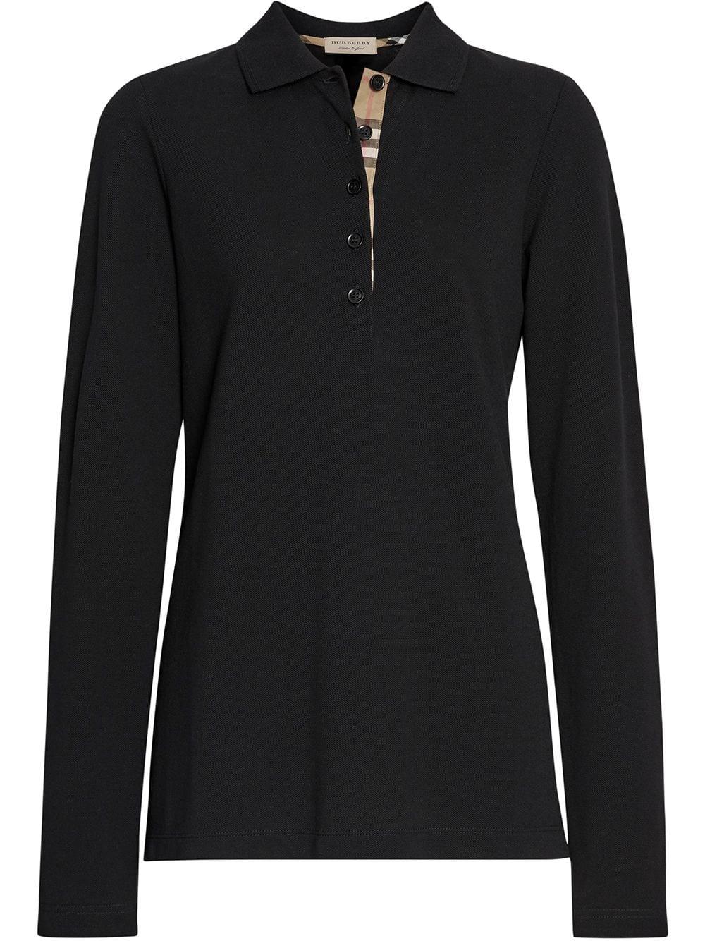 Burberry Long-sleeve Check Placket Cotton Piqué Polo Shirt in Black - Lyst